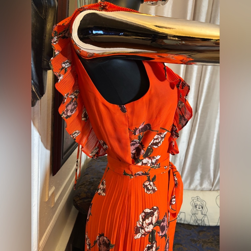NWOT Lulus Loved By You Red Orange Floral Print Pleated Chiffon Maxi Dress - Picture 3 of 10